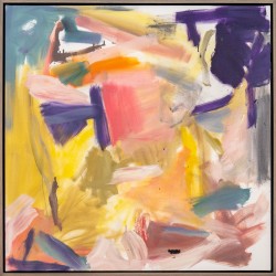 Passages of pastel pink, lemon and violet jostle within the confines of the picture plane in this energetic canvas by Scott Pattinson.