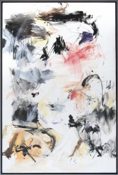 Calligraphic passages in charcoal and black, like rising smoke, merge with softer colors in this narrative of movement by Scott Pattinson.
