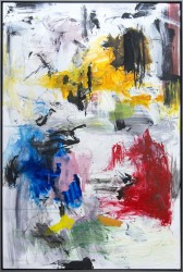 Curated passages of primary colors dance with gestural marks of dove gray and black in this expressive composition by Scott Pattinson.