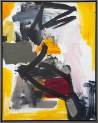 Calligraphic black passages are framed in tuscan yellow, pink, red and sapphire in this dynamic oil by Scott Pattinson.