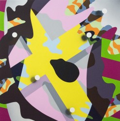 A central cross in fresh yellow and overlapping shapes in lime green, pink and black form a visual maze in this energetic canvas by Sylvain …