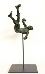 A male figure with legs akimbo falls, back first towards the earth in this green patinated bronze sculpture.