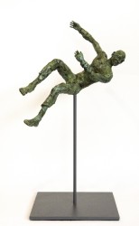 A male figure looks towards the ground as he falls back-first, legs akimbo and arms stretched skyward in this green patinated bronze sculptu…