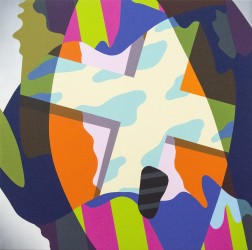 A central motif emerges from a maze of overlapping, brilliantly coloured shapes in this bold canvas by Sylvain Louis-Seize.