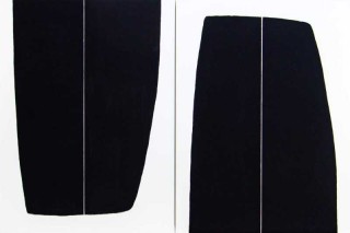 One minimalist painting composed of two mirrored canvases commands your attention in striking carbon black on white.