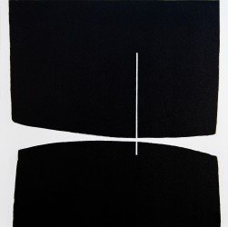 A single off-centre white line creates intriguing tension between the two bold black shapes in this compelling painting by Canadian artist T…