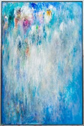 In this lyrical abstract composition by Paul Fournier shades of ocean blue, mauve, green, yellow, orange and red highlighted by white cascad…