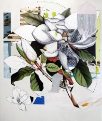 White magnolias framed with green are juxtaposed with areas of colour and pattern in this sophisticated composition by Fiona Ackerman.