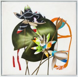 Brightly coloured water lilies meet ribbons of orange and crimson in this playful botanical still life by Fiona Ackerman.