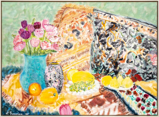 This delightful, colourful painting of a floral still life illustrates Pat Service’s superb use of colour, pattern, texture and form.